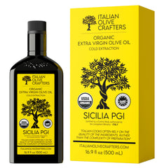 Italian Olive Crafters botella frontal mostrando etiqueta y beneficio conservación