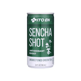 ITO EN sencha shot lata frontal mostrando diseño y beneficio refrescante