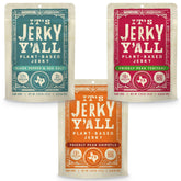 It's Jerky Y'all frente del empaque mostrando diseño y sabores