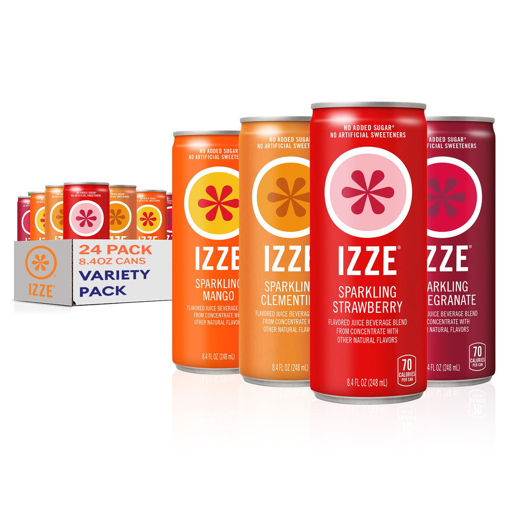 IZZE paquete frontal mostrando los cuatro sabores, ideal para eventos