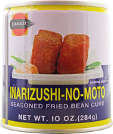 J-BASKET lata frontal del producto Inarizsushi No Moto mostrando etiqueta y tamaño práctico