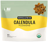 J MAC BOTANICALS frente del paquete de caléndula orgánica, almacenamiento práctico