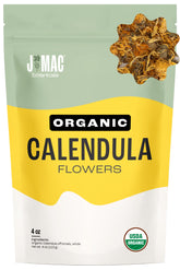 J Mac Botanicals paquete frontal de caléndula orgánica mostrando sellos, frescura y cantidad