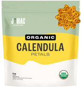 J MAC BOTANICALS paquete frontal de pétalos de caléndula orgánica mostrando etiqueta clara y tamaño