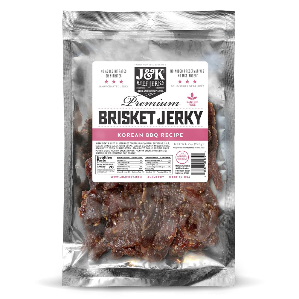 J&K Beef Jerky empaque frontal muestra bolsa resellable y 7 oz