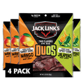 Jack Link's frente del paquete mostrando DUOs jalapeño y mango, portable y sabroso