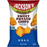 Jackson's paquete frontal con chips de camote mostrando diseño y beneficio práctico