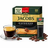 Jacobs stick frente del paquete mostrando 20 porciones y conveniencia
