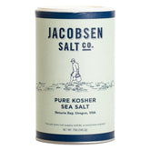 Jacobsen Salt Co. frente del envase mostrando diseño y pureza