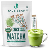 Jade Leaf frente del empaque mostrando 30 sobres y certificaciones orgánicas