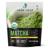 Jade Leaf Matcha frente del paquete mostrando cantidad y cierre resellable y conveniencia