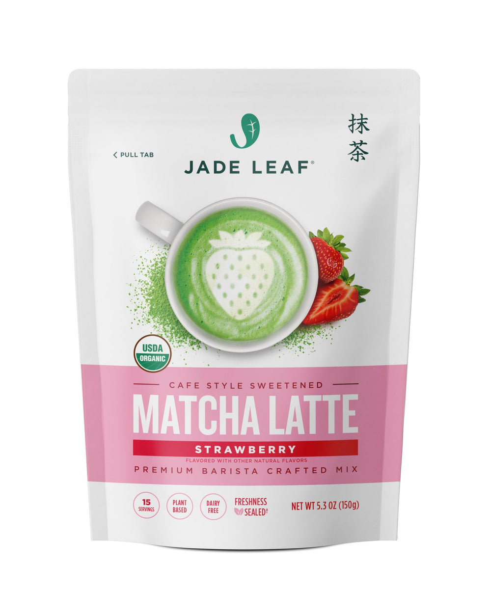 Jade Leaf Matcha paquete frontal mostrando diseño y peso, conveniencia para casa