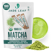 Jade Leaf paquete frontal mostrando diseño y 100 sobres, conveniencia inmediata