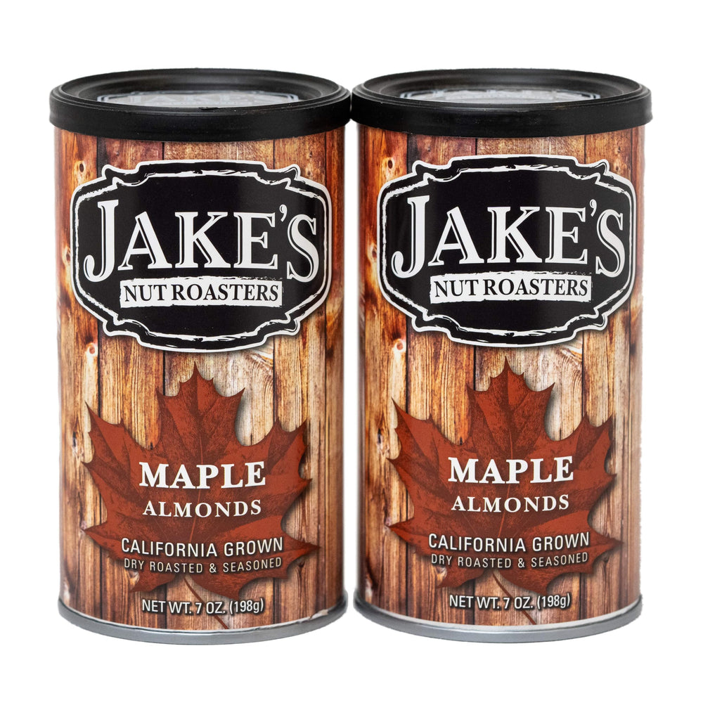Jake's Nut Roasters lata frontal con almendras maple, presentación atractiva