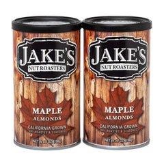 Jake's Nut Roasters lata frontal con almendras maple, presentación atractiva