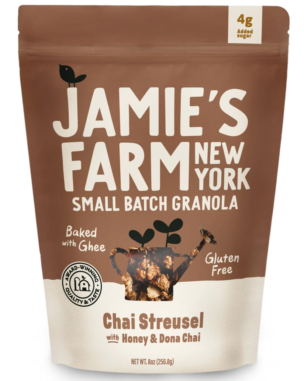 Jamie’s Farm paquete frontal mostrando diseño y peso, beneficio: reconocimiento de calidad