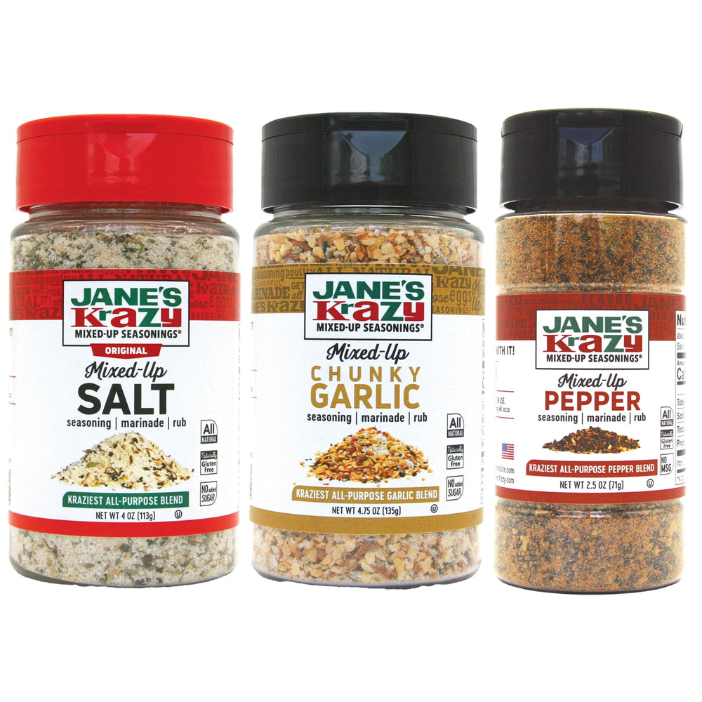 Jane's Krazy pack frontal con tres frascos visibles, muestra variedad y conveniencia