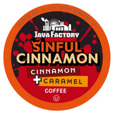 Java Factory caja frontal Sinful Cinnamon mostrando diseño y beneficio práctico