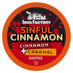 Java Factory caja frontal Sinful Cinnamon mostrando diseño y beneficio práctico