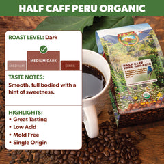 Java Planet granos enteros Peruvian half caff destacando calidad arábica