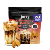 Javvy empaque frontal mostrando sabor Cookie Butter y porciones