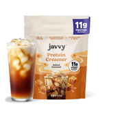 Javvy frente del empaque mostrando sabor salted caramel y beneficio cremosidad