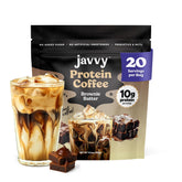 Javvy frente del envase mostrando sabor Brownie Batter y conveniencia