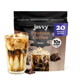 Javvy frente del envase Chocolate Mocha mostrando diseño y servirá conveniente