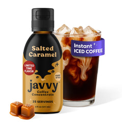 Javvy frente del envase mostrando sabor caramelo salado y conveniencia