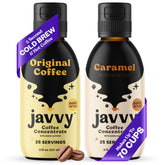 Javvy frente del packaging mostrando sabor Original y Caramel, conveniencia instantánea