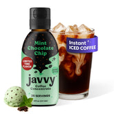 Javvy botella frontal con sabor Mint Chocolate Chip muestra etiqueta y beneficios
