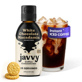 Javvy envase frontal del concentrado White Choc. Macadamia mostrando diseño y sabor