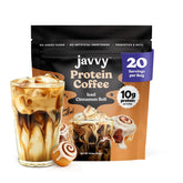 Javvy envase frontal mostrando sabor Iced Cinnamon Roll y diseño atractivo