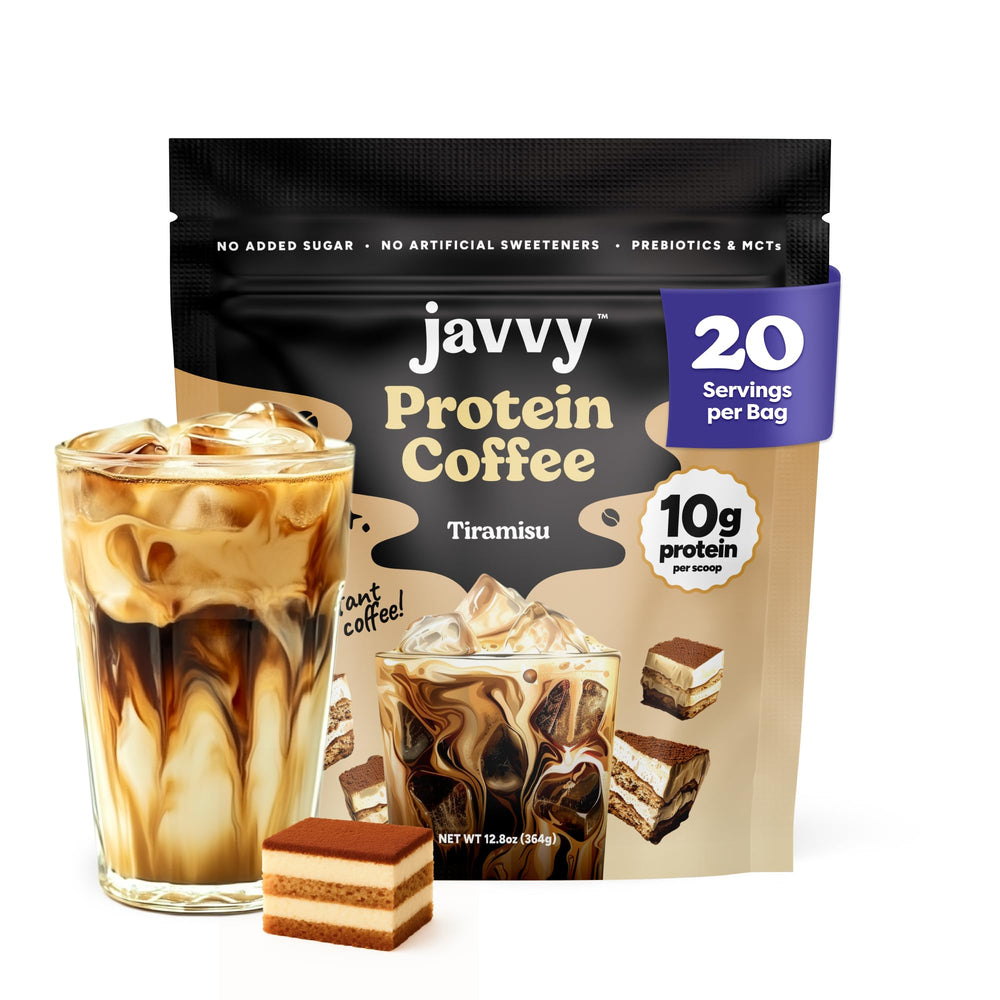 Javvy frontal del empaque mostrando sabor tiramisú y conveniencia