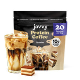 Javvy frontal del empaque mostrando sabor tiramisú y conveniencia