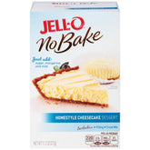Jell-O caja frontal del kit Homestyle cheesecake mostrando instrucciones y beneficio de preparación rápida