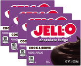 Jell-O caja frontal Chocolate Fudge mostrando empaque y conveniencia