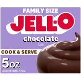 Jell-O empaque frontal de chocolate mostrando el producto y conveniencia