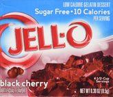 Jell-O paquete frente con sabor cereza negra mostrando presentación y conveniencia