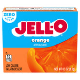 Jell-O empaque frontal sabor naranja mostrando seis sobres y conveniencia