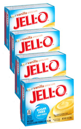 Jell-O empaque frontal vainilla sin azúcar mostrando conveniencia y porciones