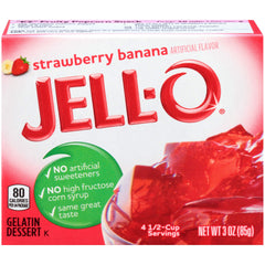 JELL-O empaque frontal mostrando sabor fresa banana y practicidad