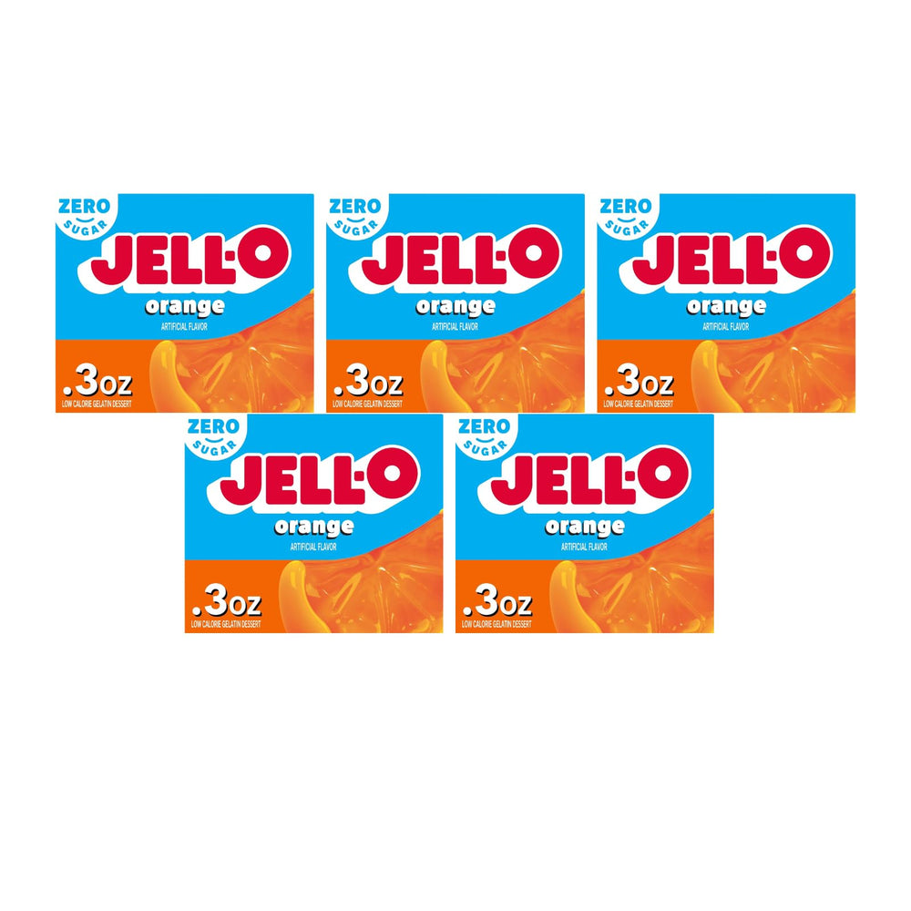 Jell-O caja frontal naranja mostrando marca y sabor, opción baja en calorías