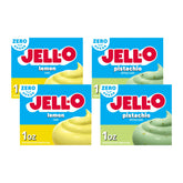 Jell-O empaque frontal mostrando pistacho y limón, conveniencia en sabores