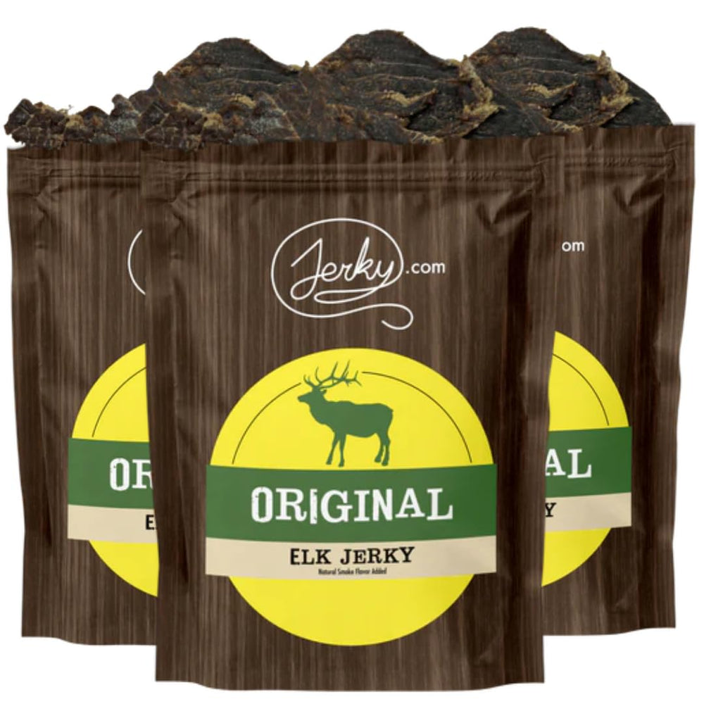 Jerky.com alce paquete frontal mostrando sellado y diseño práctico