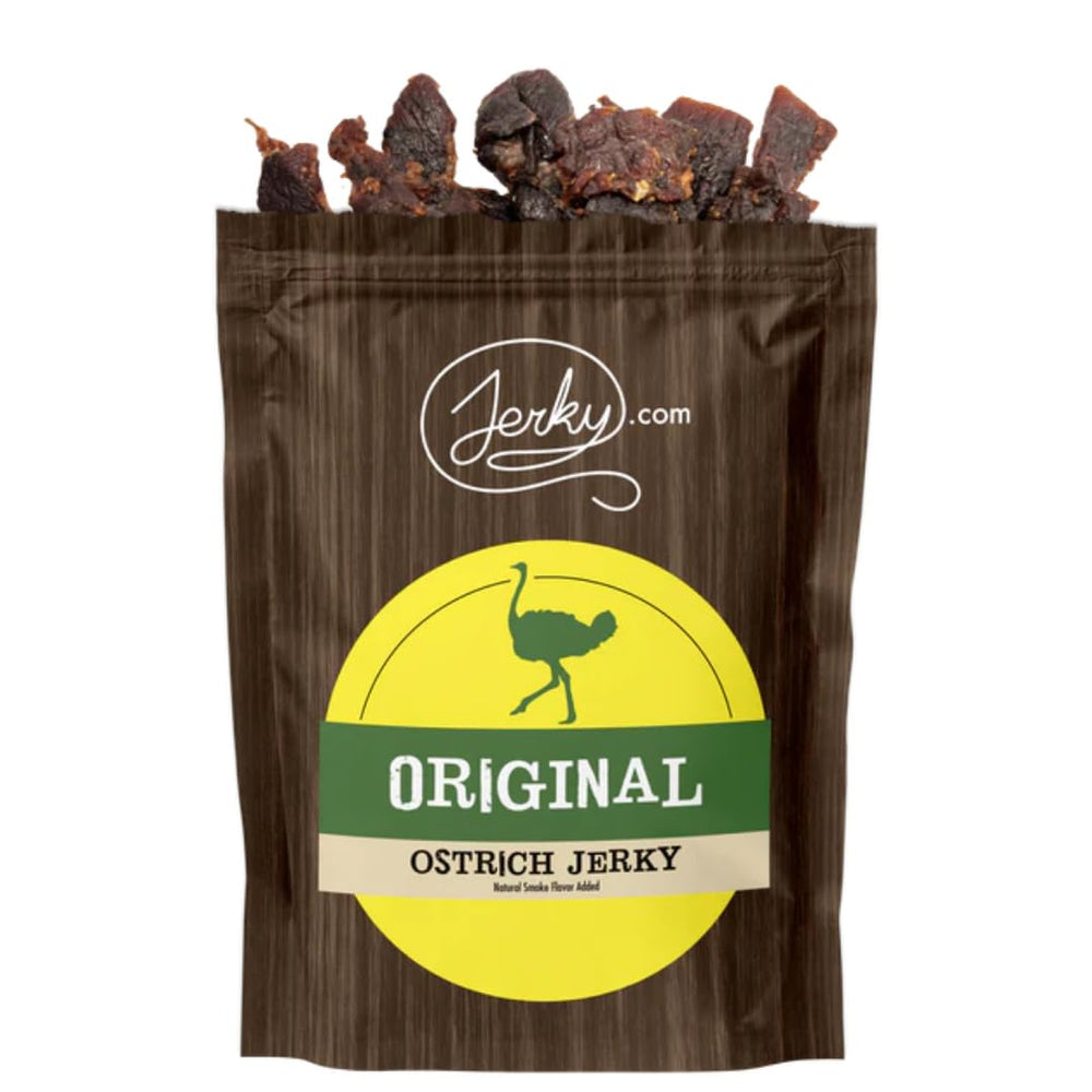 Jerky.com paquete frontal de avestruz mostrando diseño y tamaño práctico