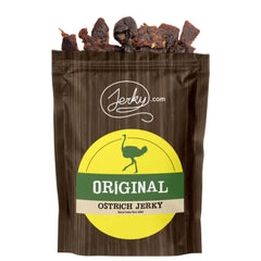 Jerky.com paquete frontal de avestruz mostrando diseño y tamaño práctico