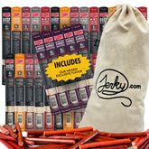 Jerky.com canasta frontal con 30 palitos en bolsa reutilizable mostrando variedad