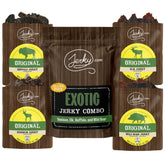 Jerky.com pack variedad delantero mostrando cuatro jerky exóticos y portabilidad