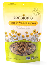Jessica's granola frente del empaque mostrando marca y conveniencia